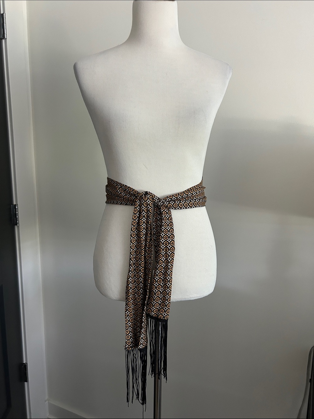 70s vibe Boho 54" knit black tan gold  Patterned Waist Tie Belt with Fringe